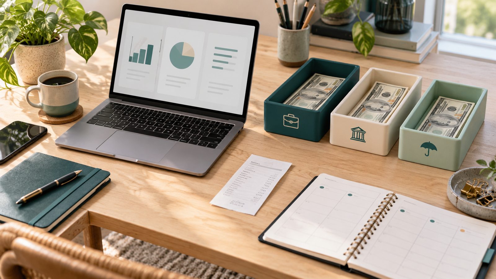 A tidy desk with a laptop showing charts, a receipt, a planner and three trays of cash for business, taxes and emergencies.