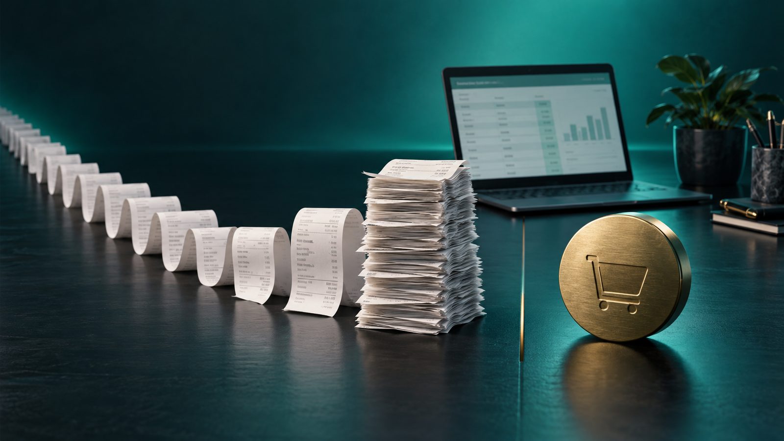 A long line of subscription receipts beside a single gold coin representing a one-time purchase.
