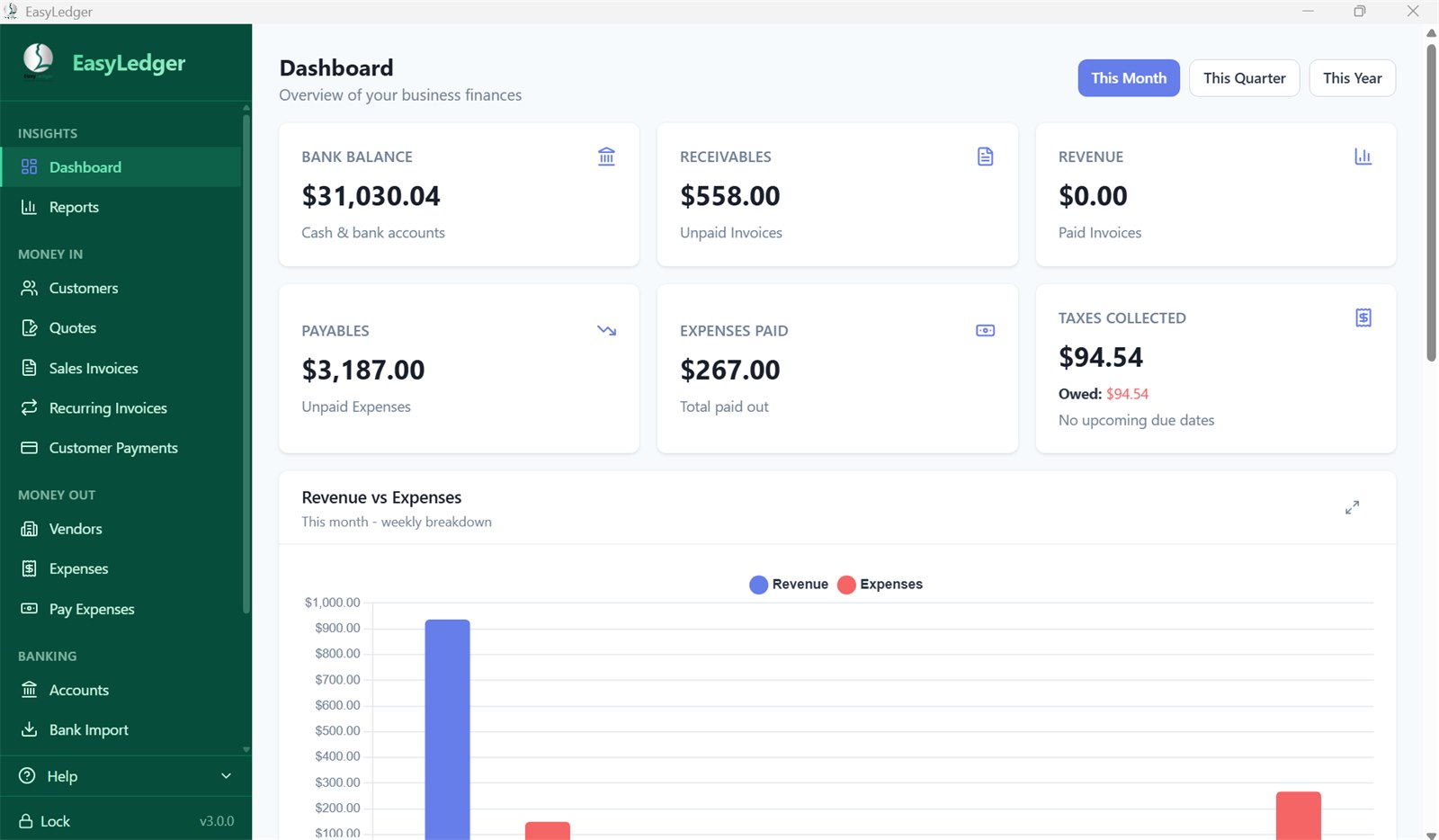 The EasyLedger 3.0 dashboard, with Quotes and Bank Import in the sidebar.