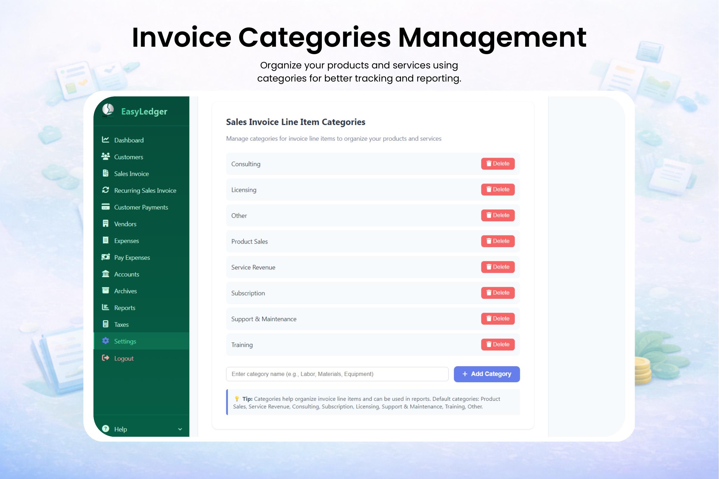 Invoice Categories Management